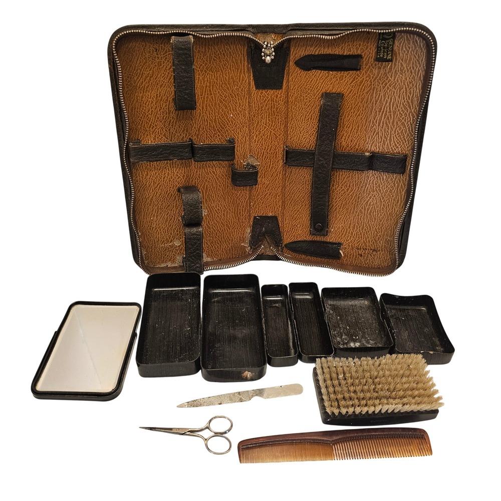 Vintage 50s Mens Leather Grooming Kit Travel Toiletry Set Top Grain Cowhide USA